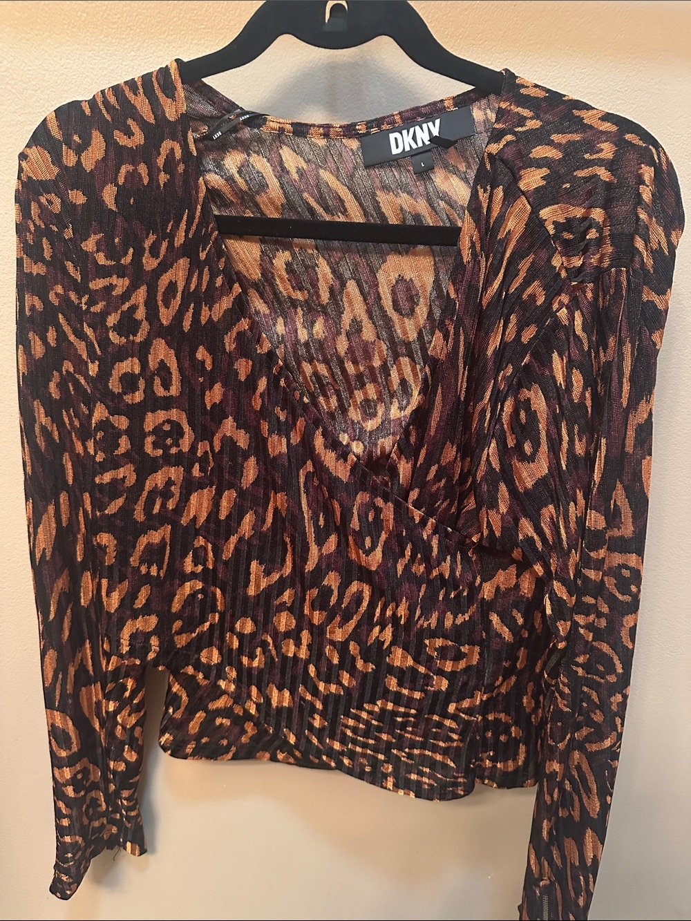DKNY Leopard-Print V-Neck Blouse in Brown and Black